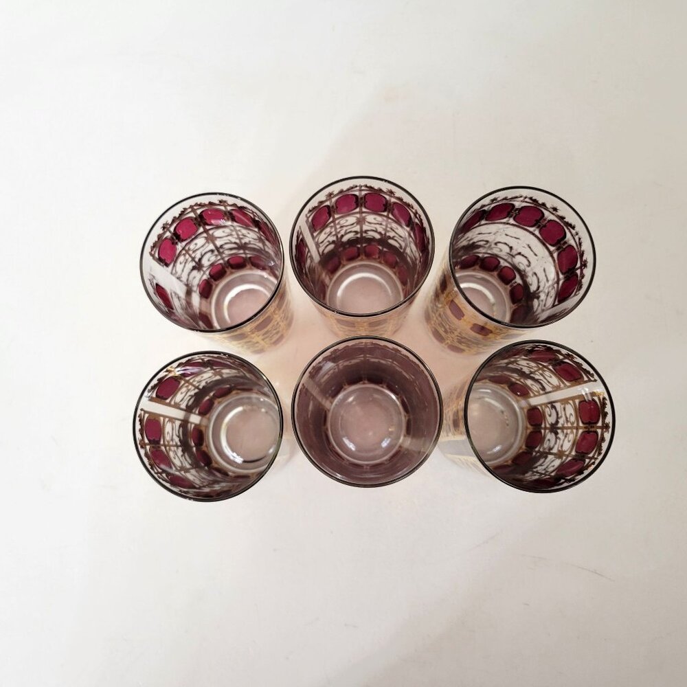 Culver MCM Azure Gold and Cranberry Collins Glasses Set of Six Plus Extra - Picture 4 of 10